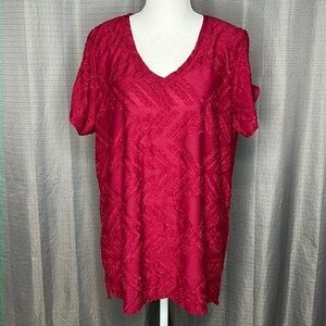 PEACE & PEARLS XL BURGUNDY V NECK BLOUSE SHORT SLEEVES